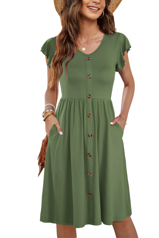 WNEEDU Women's Sleeveless Summer Casual Loose Button Down Midi Dress with Pockets (Army Green)